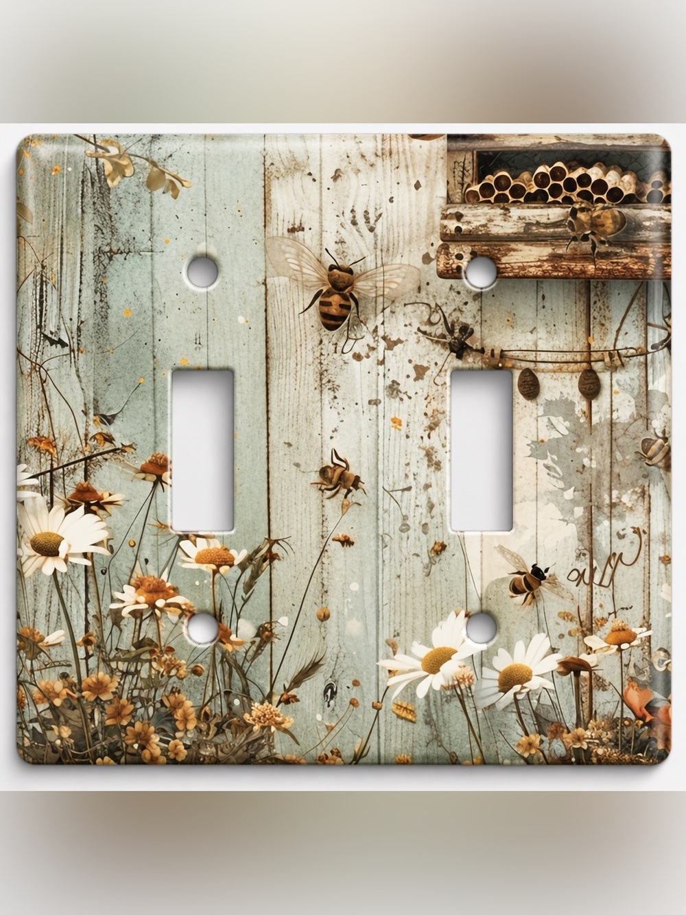 Handmade Rustic Honey Bee Beehive Daisy Double Toggle Light Switch Cover